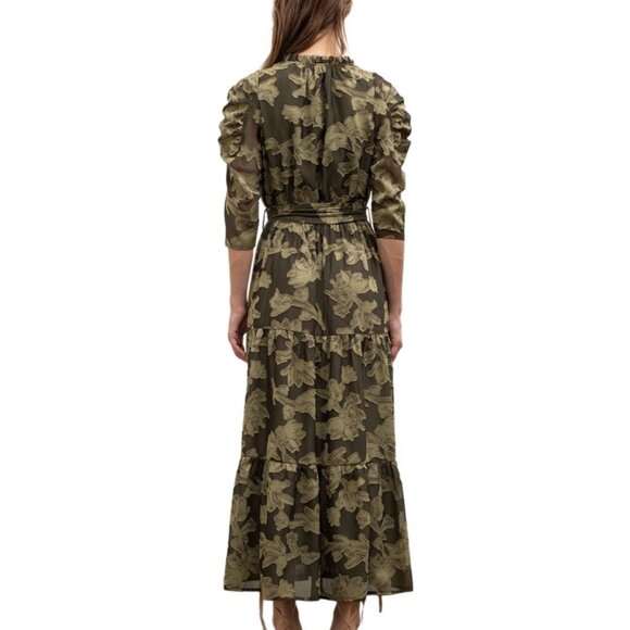 Moon River Green Floral Long Sleeve Midi Dress Size Small - Picture 2 of 7